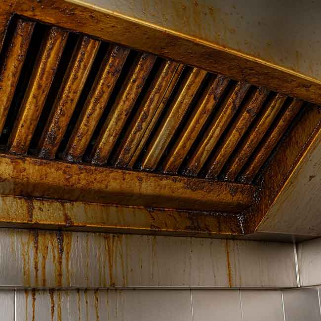 Campana extractora industrial con baffles y pared engrasados, vista en primer plano