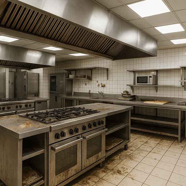 Cocina industrial con encimeras, campana y suelo con grasa antes de la limpieza