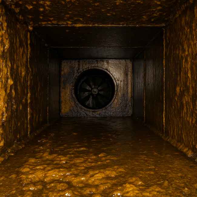 Conducto de extracción de humos con grasa adherida en paredes y turbina al fondo