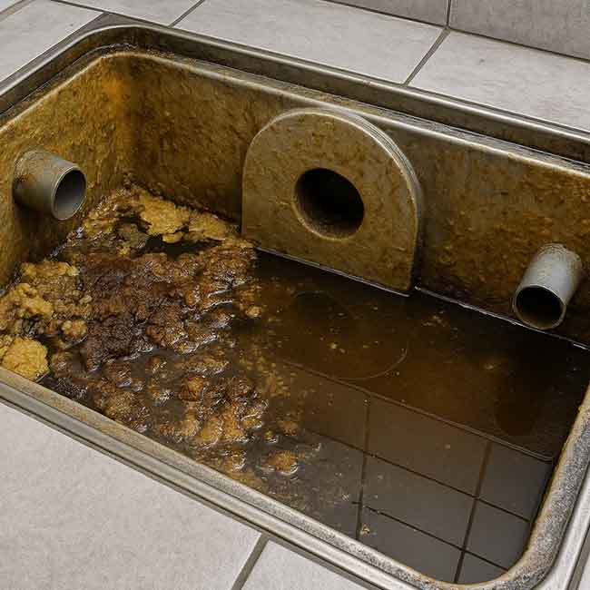 Interior de separador de grasa con lodos y aceites acumulados antes del vaciado y la limpieza