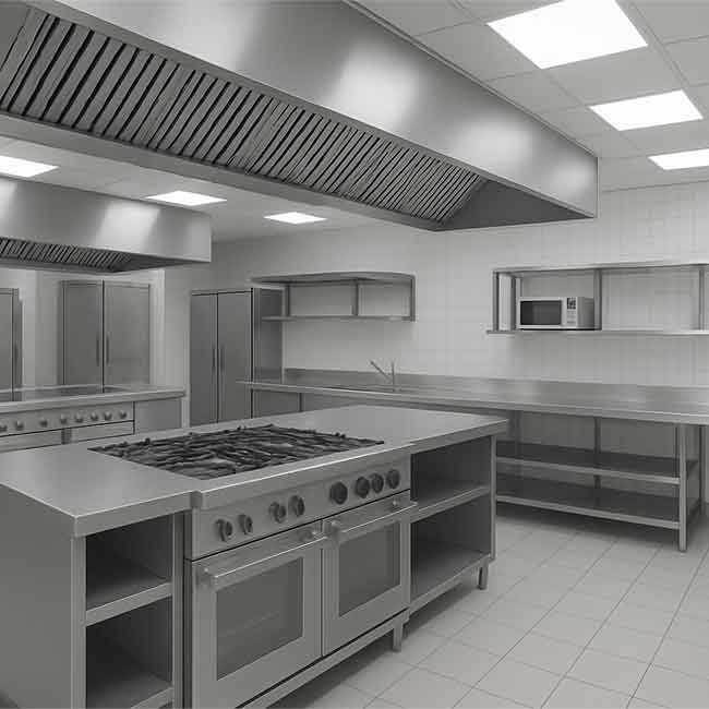 Cocina industrial limpia con encimeras y campana de acero inoxidable tras la limpieza
