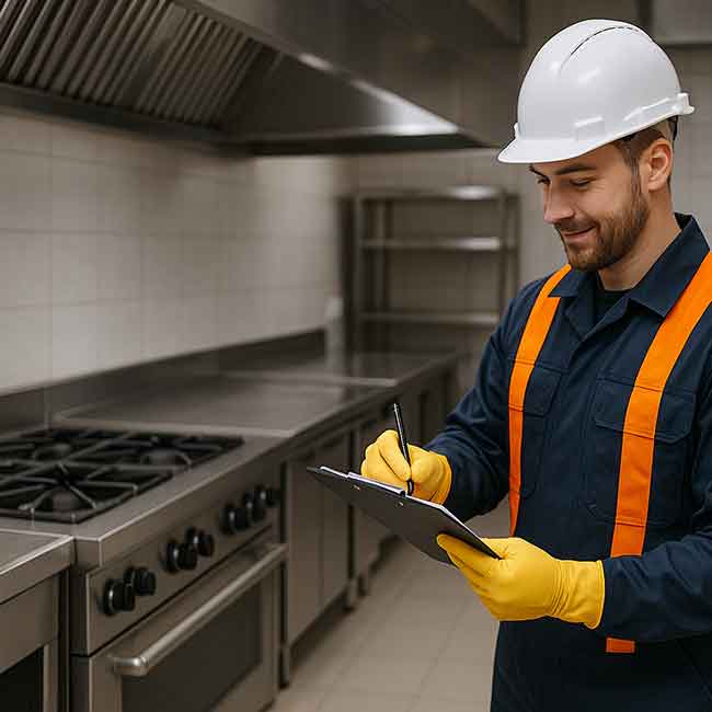 Operario rellenando el certificado en una cocina industrial limpia de acero inoxidable