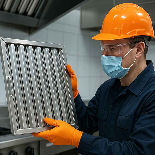 Operario revisando un filtro baffle de campana extractora industrial en cocina profesional