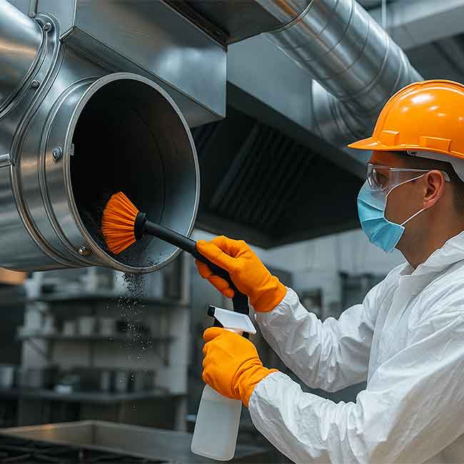 Técnico limpiando el interior de un conducto del sistema de extracción de humos en cocina profesional