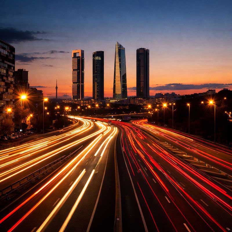 Furgoneta de servicio entrando a Madrid al atardecer, simbolizando coordinación de servicios complementarios, cumplimiento normativo y reducción de riesgos sanitarios y medioambientales para hostelería